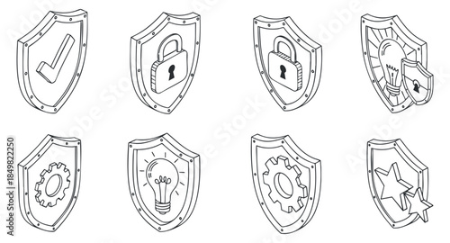 A collection of eight shield icons featuring a checkmark, lock, lightbulb, gear, and star in minimalist outline vector style, suitable for security and innovation themes
