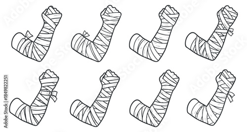 A collection of eight outlined arm bandages in a minimalist vector style, suitable for healthcare and medical illustrations