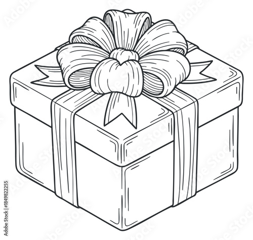 A beautifully wrapped gift box with a decorative bow in black and white outline vector style, perfect for holiday and celebration designs