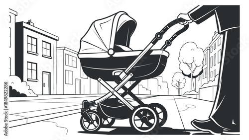 A parent pushing a baby stroller along a city street in black and white minimalist vector style, suitable for parenting and childcare themes