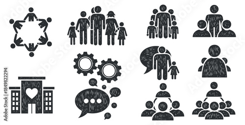 A collection of community and teamwork icons featuring families, healthcare symbols, and communication elements in a sketchy vector style, suitable for social projects and organizational designs