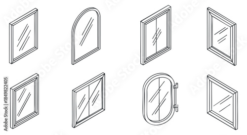 A set of various window designs including rectangular, arched, and round styles in minimalist outline vector style, ideal for architectural projects and home decor