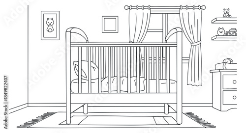 A nursery room featuring a crib, curtains, and playful decor in a clean outline vector style, perfect for children's room design