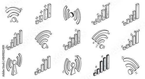 A collection of wireless signal and connectivity icons in clean outline vector style, suitable for technology and communication projects