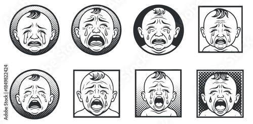 A set of crying baby icons in black and white outline style, ideal for emotional design projects and illustrations
