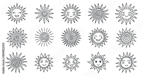 A collection of cheerful sun illustrations in playful outline style, ideal for children's designs and summer themes