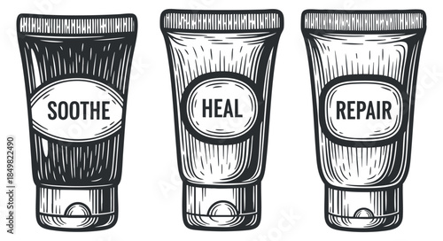 A set of three illustrated cream tubes labeled Soothe, Heal, and Repair in a hand-drawn vintage style, ideal for skincare branding