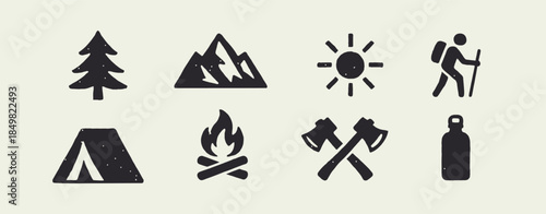 Vintage Outdoor and Camping Icons Set; Hiking, Adventure, and Wilderness Graphics Collection