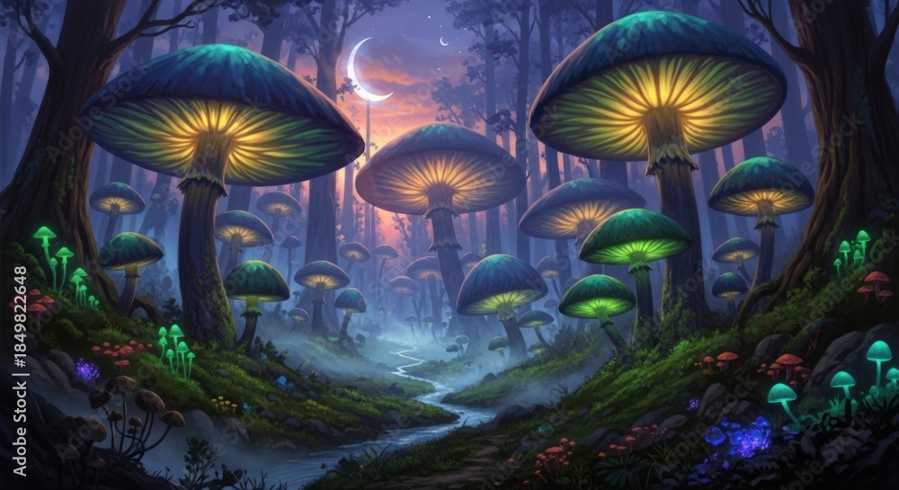 Obraz premium Enchanted Forest of Glowing Mushrooms Under a Crescent Moon.
