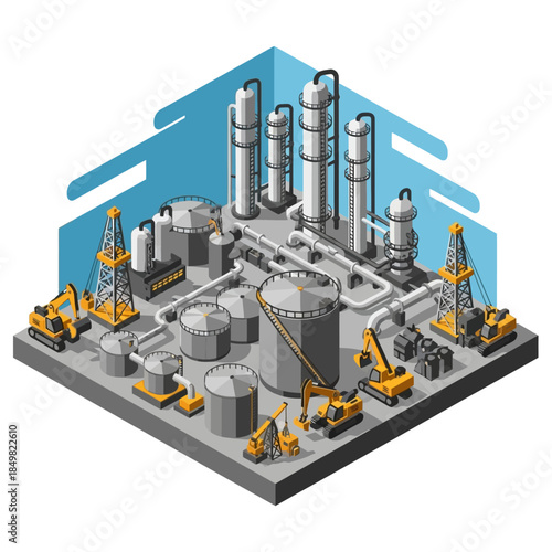 Isometric illustration of an industrial oil refinery or chemical plant with storage tanks, distillation columns, pipes, and heavy construction machinery.
