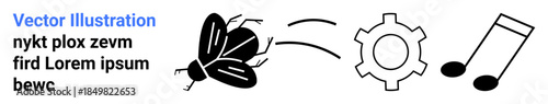 Stylized fly with motion trails, cogwheel, and music note symbolizing innovation, creativity, movement, sound, technology, and process. Ideal for education tech nature music creativity systems