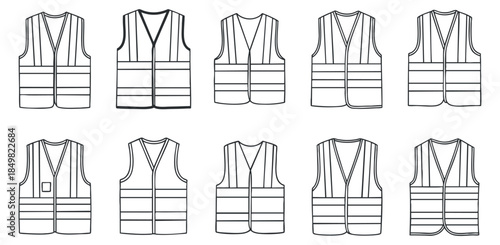 A collection of outline vector illustrations of safety vests in various designs, suitable for work and construction branding.