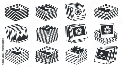 A set of stacked photo icons in black and white outline vector style, suitable for digital media and design projects