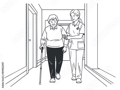 An elderly woman walking with a caregiver in minimalist black and white vector style, ideal for healthcare and wellness themes