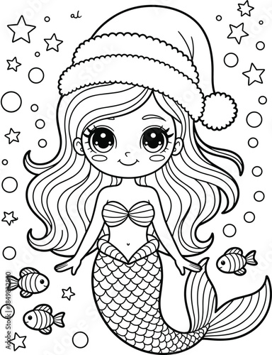 Outline drawing of a cute mermaid wearing a Santa hat surrounded by stars and fish coloring page