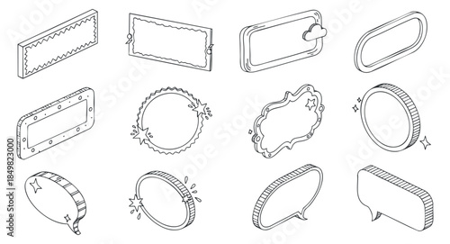 A collection of decorative frames and speech bubbles in outline vector style, ideal for creative projects and graphic design