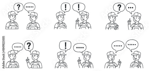 A set of characters engaged in conversation with various expressions and speech bubbles in black line art vector style, ideal for communication and teamwork themes