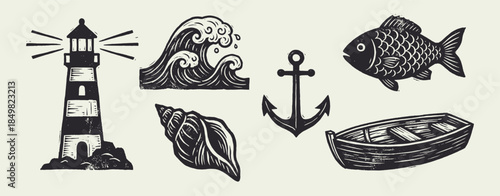 Vintage Nautical Sea Elements Woodcut Set: Lighthouse, Wave, Fish, Anchor, Boat, Shell