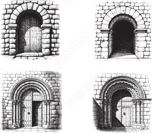 Ancient Arched Doorway Architecture Etching Engraving Style Vector Icon Set Isolated Historic Stone Facade Illustration