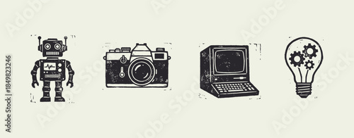 Retro Technology and Creativity Icons Set: Robot, Camera, Computer, and Idea Lightbulb Illustration.
