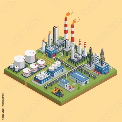 Isometric industrial complex with oil refinery, storage tanks, and factory buildings.