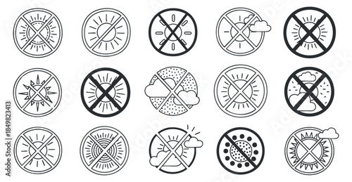 A collection of weather-related prohibition icons in black and white minimal vector style, suitable for environmental awareness projects