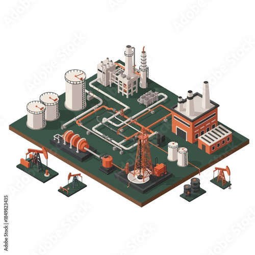 Isometric illustration of an oil and gas industry complex with derricks, pipelines, refineries, and storage tanks.