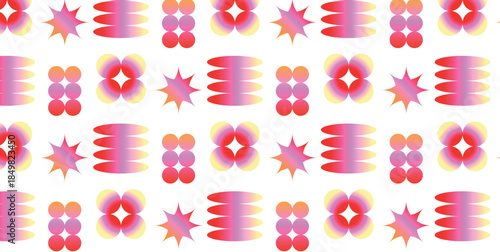 Abstract Gradient Seamless Pattern with Colorful Star, Circle Cluster and Oval Shapes. Futuristic Mesh Design elements for Wallpaper, Textile or Digital Art Backgrounds. Vector Illustration.