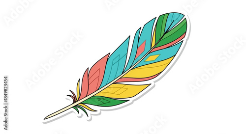 Artistic depiction of a vibrantly hued feather with geometric decorative elements isolated on a