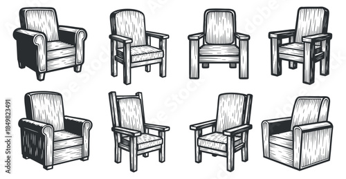 A collection of eight different armchairs in black and white hand-drawn vector style, suitable for interior design projects