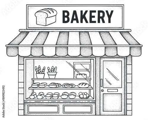 A bakery storefront with a variety of baked goods displayed in a window in black and white vector style, suitable for food-related designs
