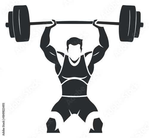 A muscular man lifting a barbell overhead in a strong silhouette style, suitable for fitness branding and sports-related projects
