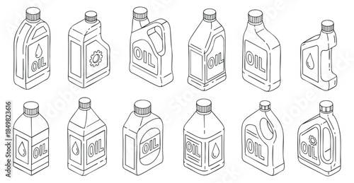 A collection of oil bottles in outline vector style, ideal for product packaging and branding design