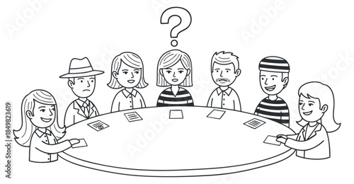 A diverse group of people gathered around a round table in an outline cartoon style, ideal for illustrating teamwork and collaboration in business contexts