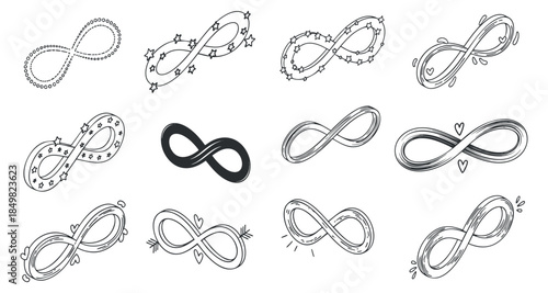 A collection of infinity symbols in various styles including hand-drawn and minimalist black and white vector illustrations, suitable for creative projects and designs