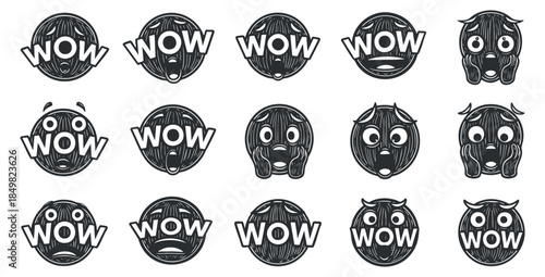A collection of expressive faces featuring the word 'WOW' in black and white vector style, ideal for creative projects and graphic design