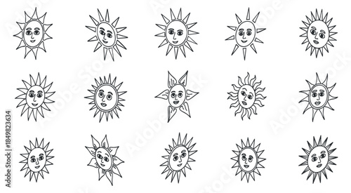 A collection of sun illustrations with smiling faces in black and white outline vector style, ideal for children's designs and cheerful themes