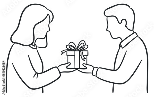 A couple exchanging a gift in a minimalist outline vector style, ideal for celebrating love and special occasions