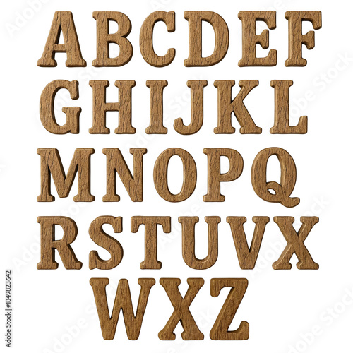 Wooden alphabet letters carved from natural oak wood, rustic texture, on transparent background.