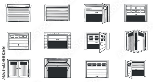 A collection of different garage doors and designs in flat outline vector style, suitable for home improvement and architectural projects