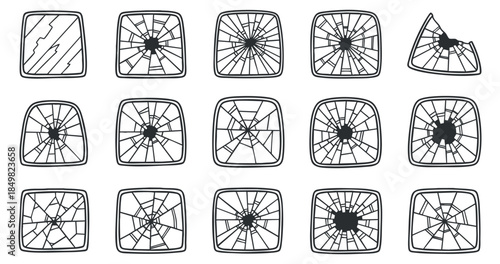A collection of various broken glass patterns in outline style, suitable for decorative designs and creative projects