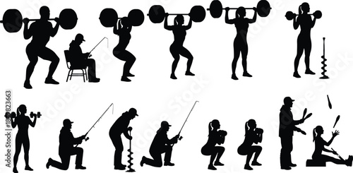Fitness workout and outdoor activity silhouettes vector illustration, weightlifting exercises, fishing hobby, squat training poses, healthy lifestyle sports collection, isolated black and white design