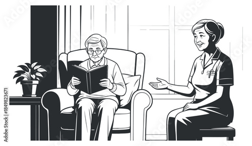 A caregiver interacting with an elderly person in a black and white vector illustration, suitable for healthcare and wellness themes