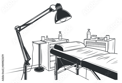 A medical examination room featuring a treatment bed, lamp, and medical supplies in minimalist black and white vector style, suitable for healthcare branding and design