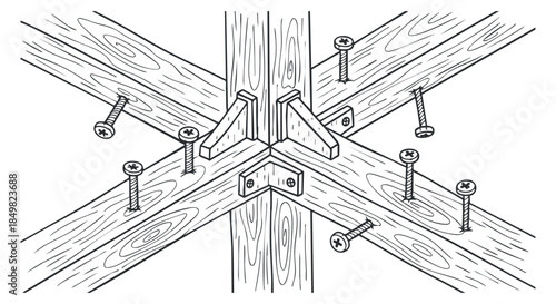 A detailed illustration of wooden beams joined together with screws and brackets in an outline vector style, ideal for construction and woodworking projects