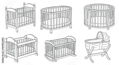 A collection of six baby cribs in outline vector style, suitable for nursery design and baby care projects