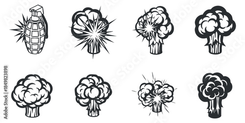 A collection of grenade and explosion icons in black and white outline vector style, perfect for military and action-themed designs