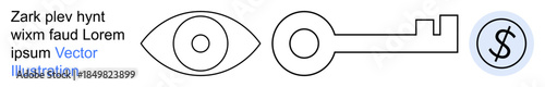 Privacy, security, vision, financial management, authentication, wealth. Abstract design with an eye, key and dollar sign symbol. Privacy and security are visually