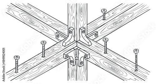 An illustration of a wooden beam joint with metal brackets and screws in detailed outline vector style, suitable for architectural and construction projects