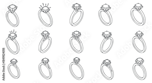 A collection of various engagement rings featuring diamonds in clean outline minimalist vector style, ideal for wedding and jewelry design
